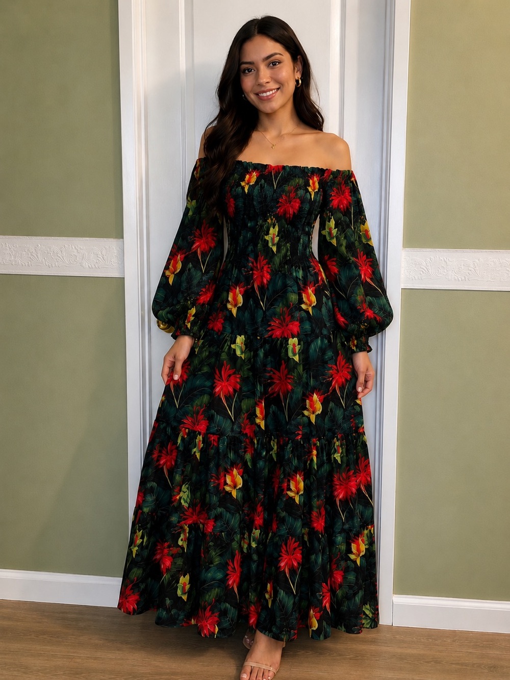 Off-Shoulder Floral Summer Maxi Dress in Black with Red & Yellow Blooms size M